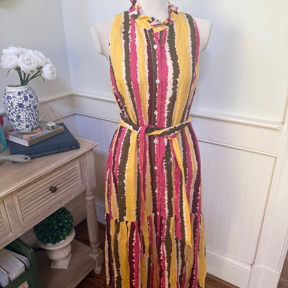 Exquise Women 100% Linen Regular Abstract Print Shirt Dress Multi Color Sz 8 NWT